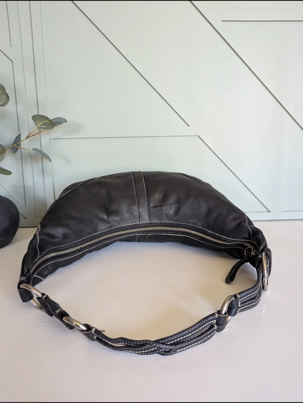 Coach Black Leather Hobo with Contrast Stitching